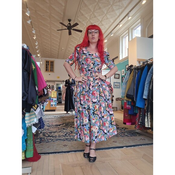 VTG 1980s RGY Black Colorful Cabbage Rose Basque Waist Princess Cotton Sundress - Picture 3 of 11